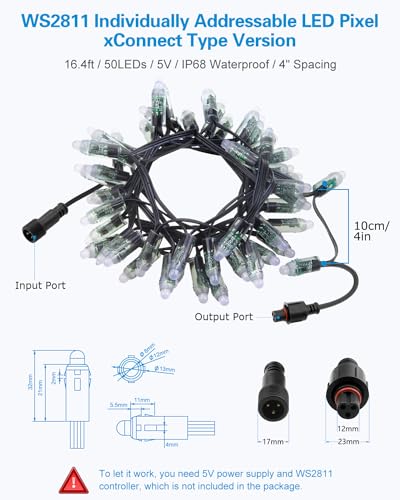 ALITOVE 5V X-Connect RGB LED Pixel Lights, 50pcs, 12mm, Programmable Outdoor Waterproof IP68